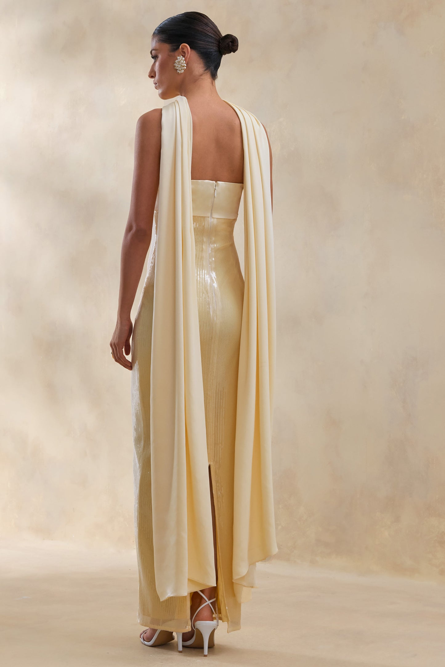 Stephanie | Lemon Sequin Bandeau Maxi Dress With Scarf