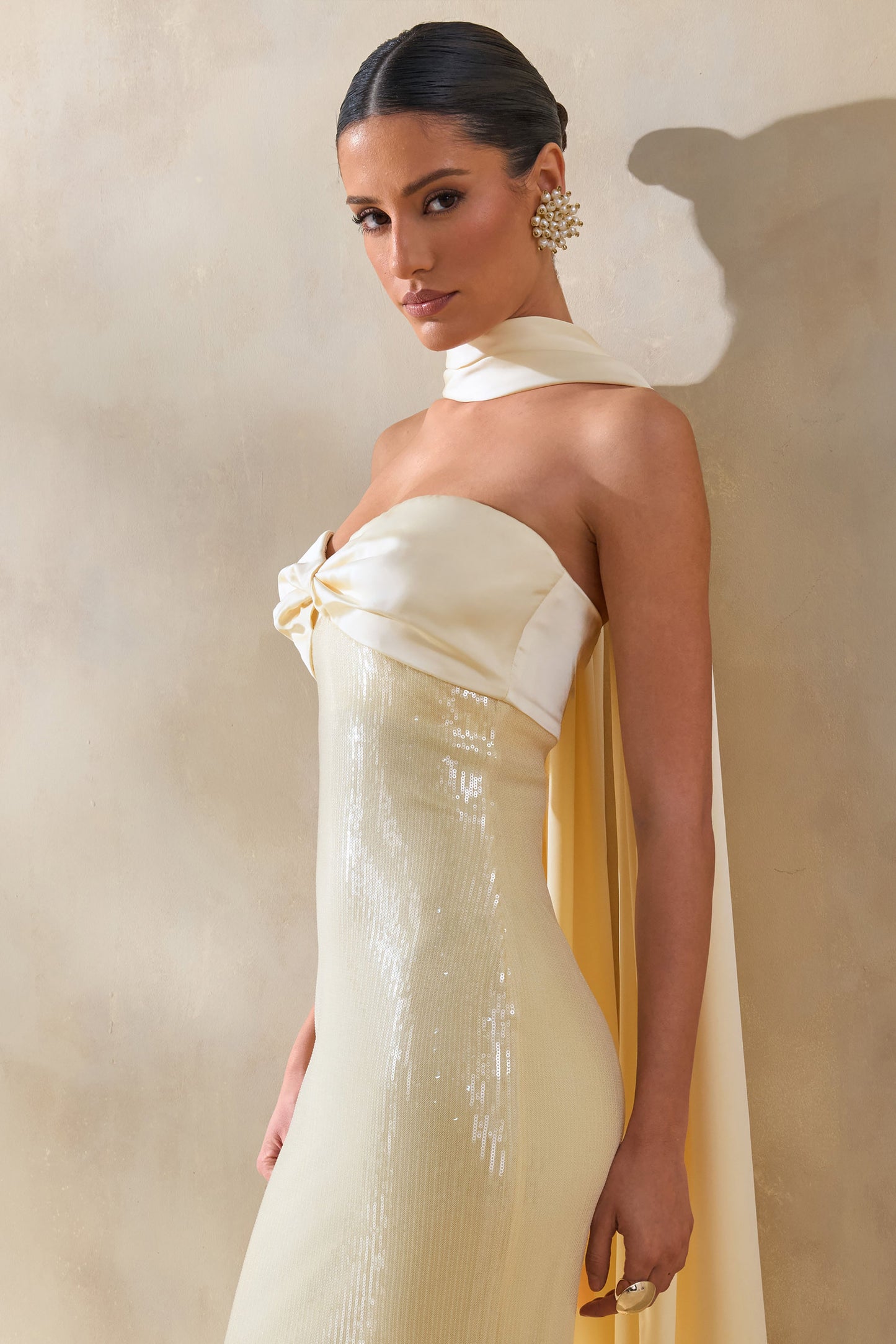 Stephanie | Lemon Sequin Bandeau Maxi Dress With Scarf