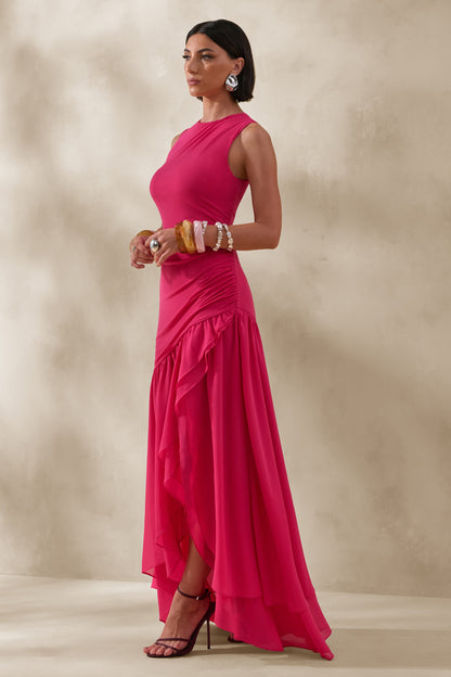 Noelia | Hot Pink High-Neck Maxi Dress With Ruffled Detailing