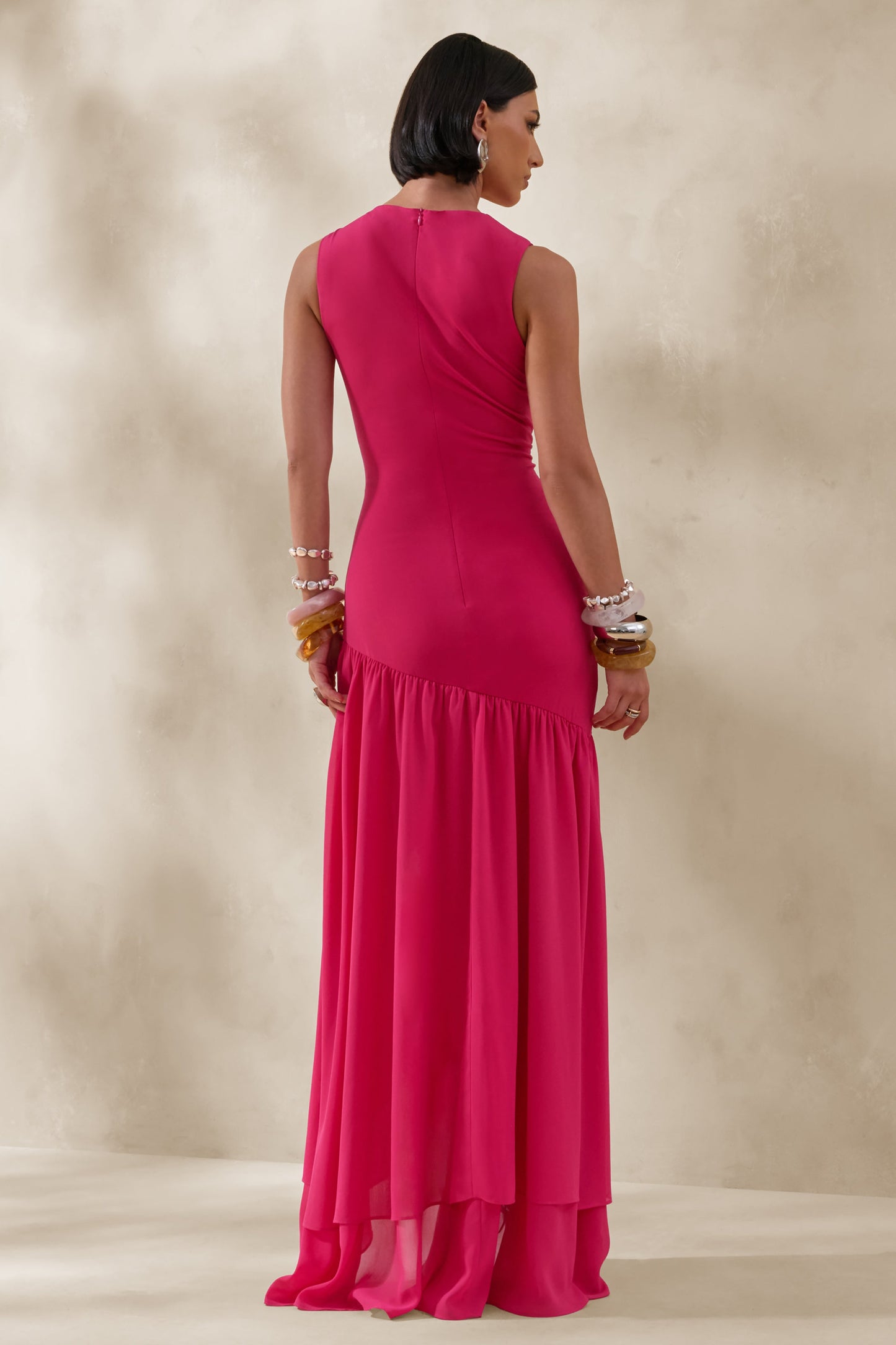 Noelia | Hot Pink High-Neck Maxi Dress With Ruffled Detailing