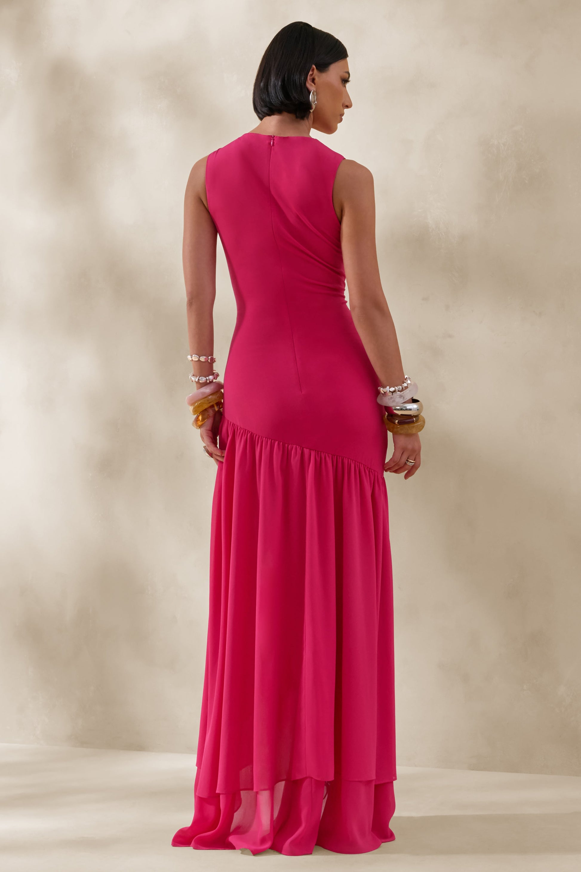 Noelia | Hot Pink High-Neck Maxi Dress With Ruffled Detailing