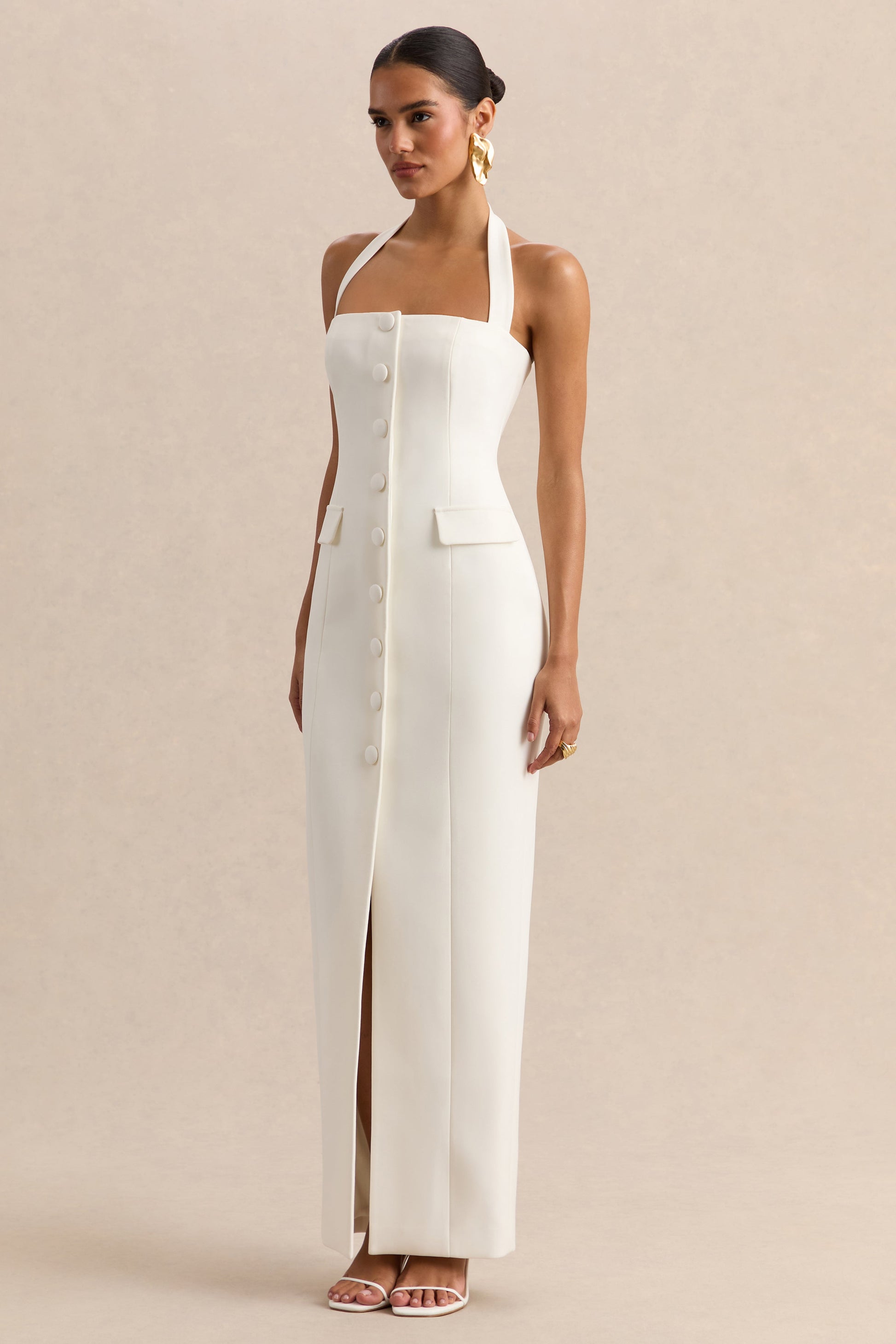 Steph | White Halter-Neck Tailored Maxi Dress