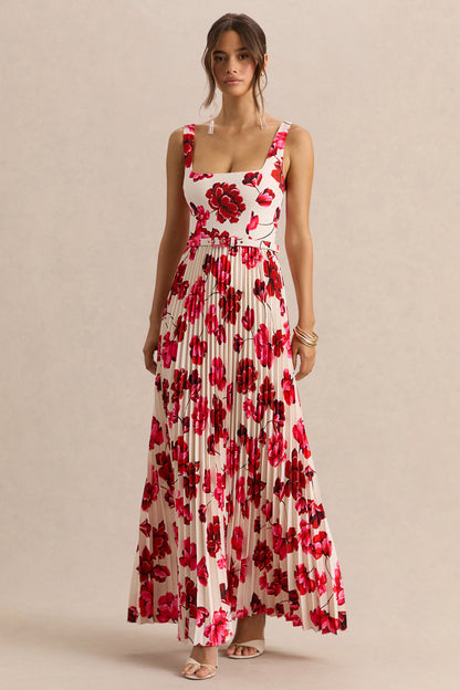 Danika | Hot Pink Floral Print Square-Neck Belted Maxi Dress With Pleated Skirt
