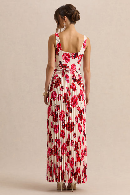 Danika | Hot Pink Floral Print Square-Neck Belted Maxi Dress With Pleated Skirt