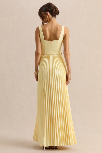 Danika | Lemon Square-Neck Belted Maxi Dress With Pleated Skirt