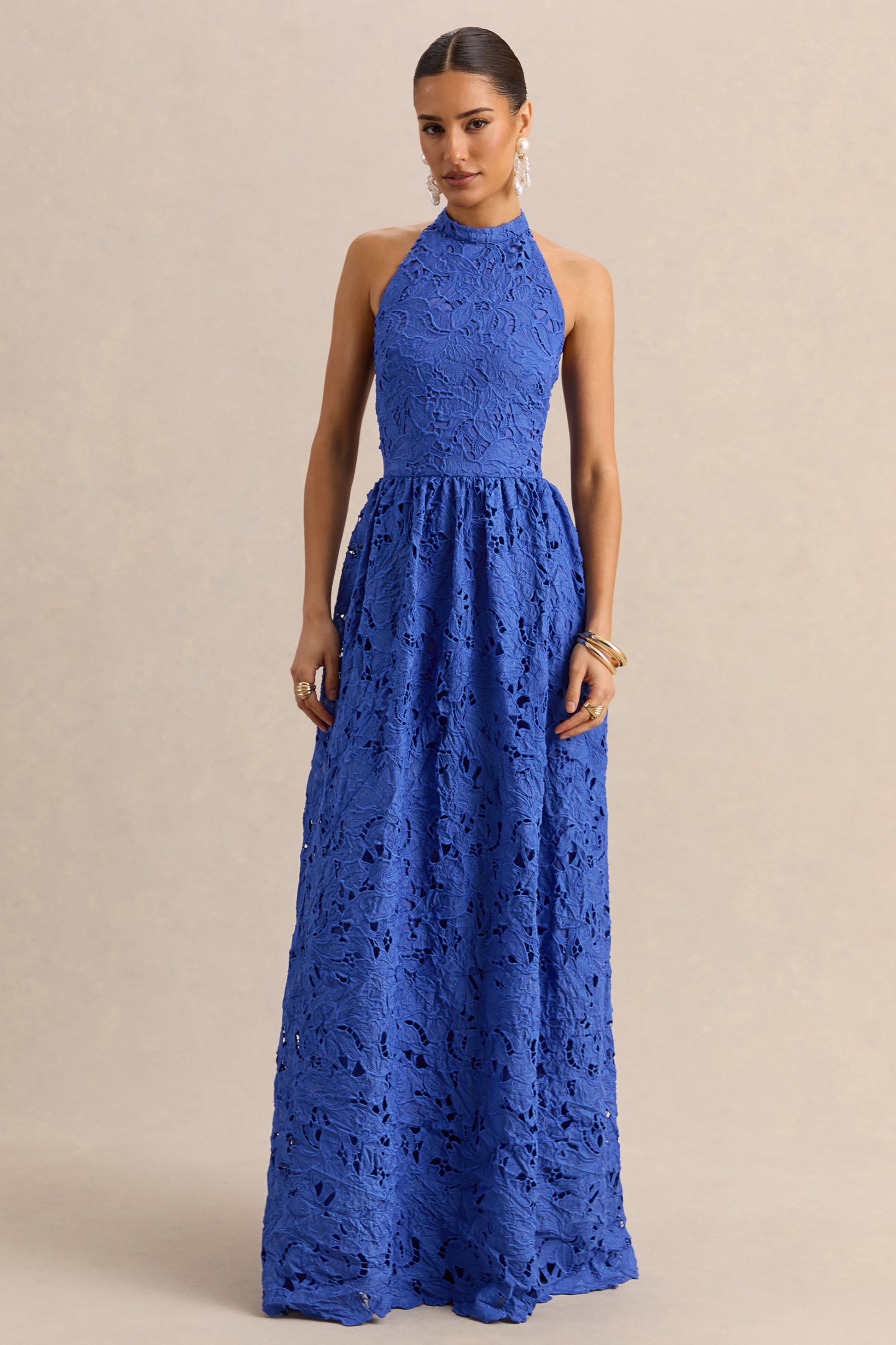 Indiana | Dark Blue Broderie Halter-Neck Maxi Dress