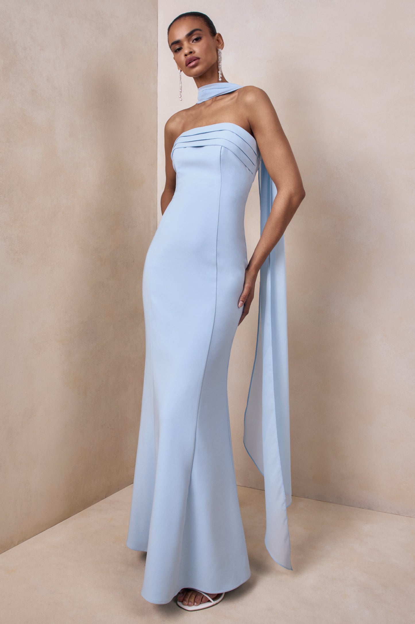 Nerissa | Light Blue Bandeau Maxi Dress With Scarf