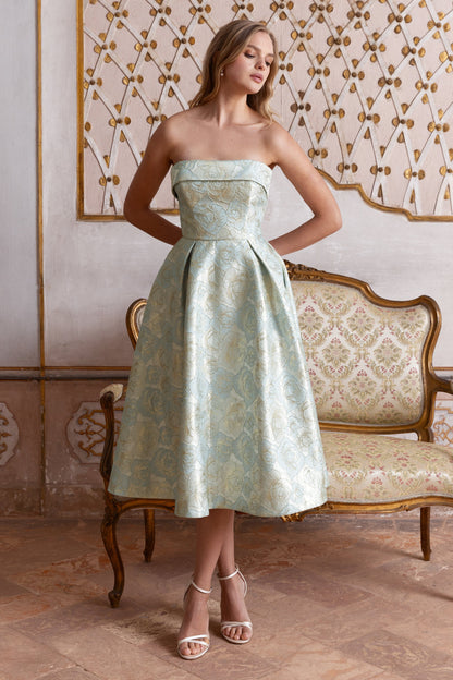 Tori | Powder Blue Jacquard Bandeau Skater Midi Dress