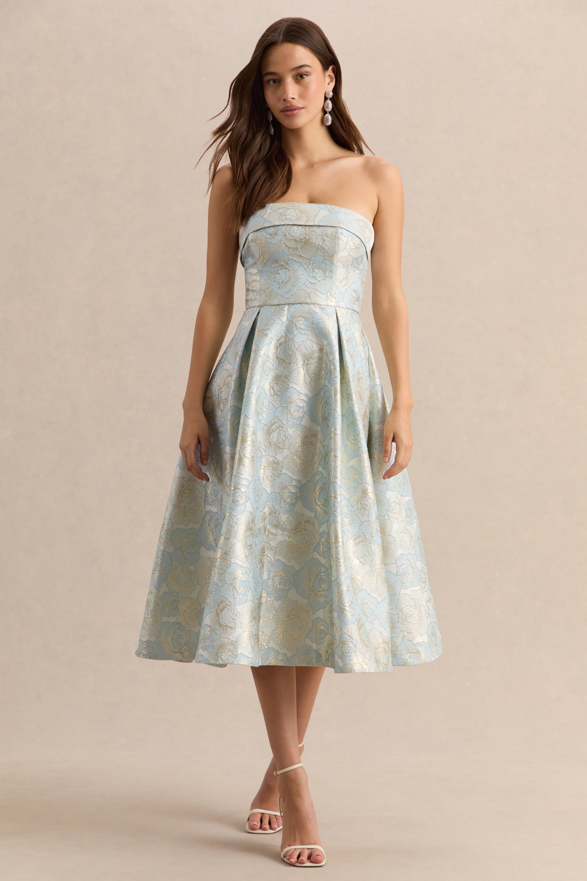 Tori | Powder Blue Jacquard Bandeau Skater Midi Dress