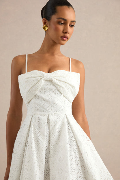 Elina | White Square-Neck Mini Dress With Bow Detail