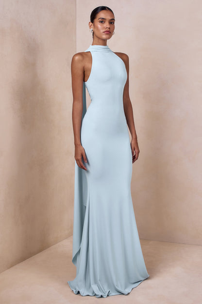 Cordy | Powder Blue High-Neck Maxi Dress With Cape