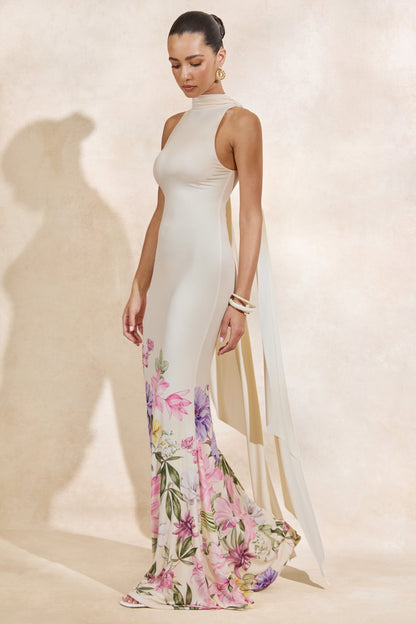 Cordy | Cream Floral Print High-Neck Maxi Dress With Cape