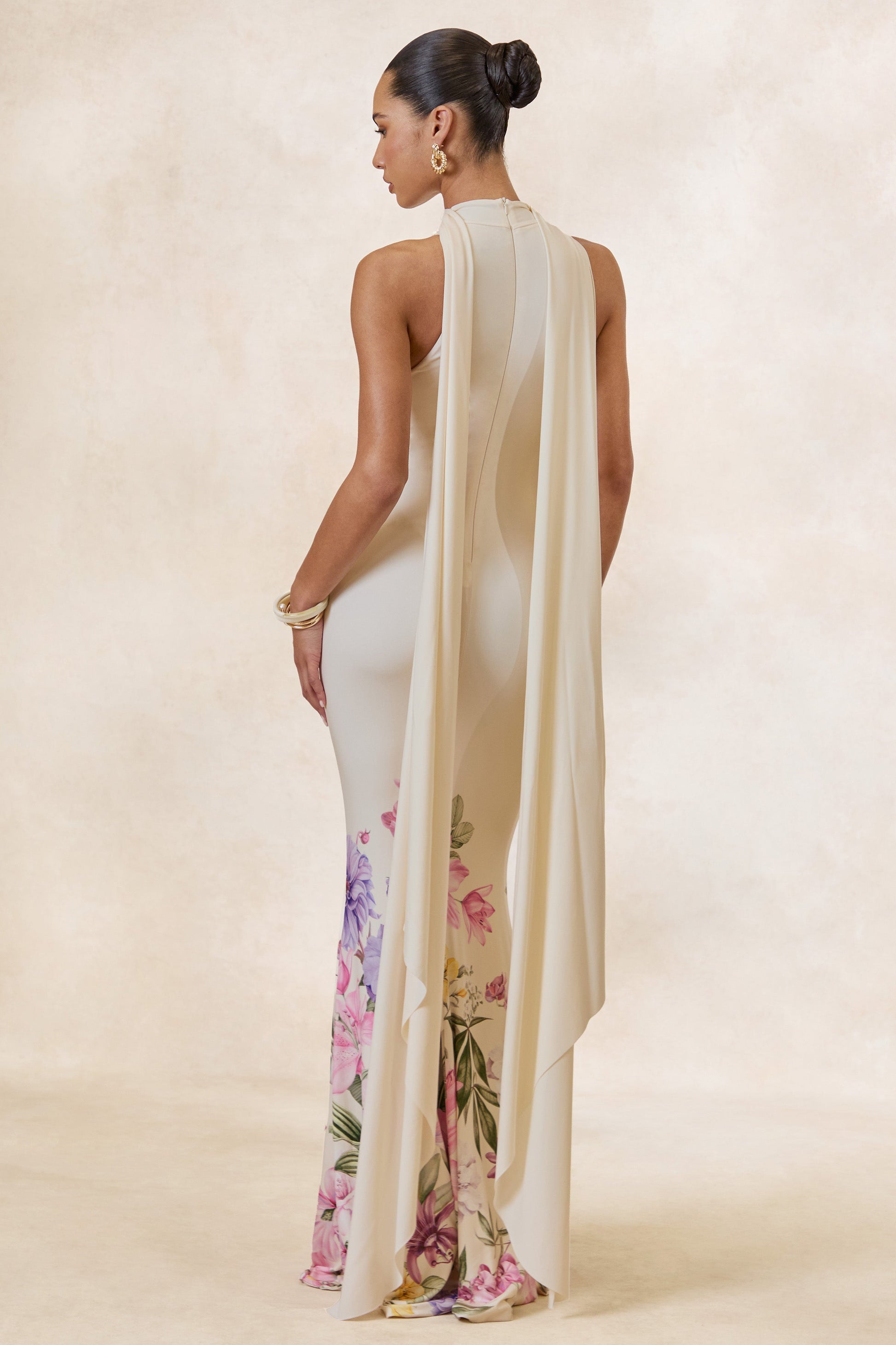 Cordy | Cream Floral Print High-Neck Maxi Dress With Cape
