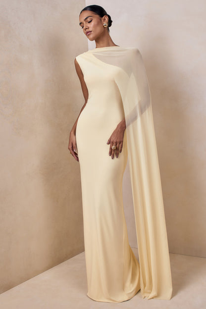 Mirelle | Lemon Boat-Neck Maxi Dress With Cape-Sleeve