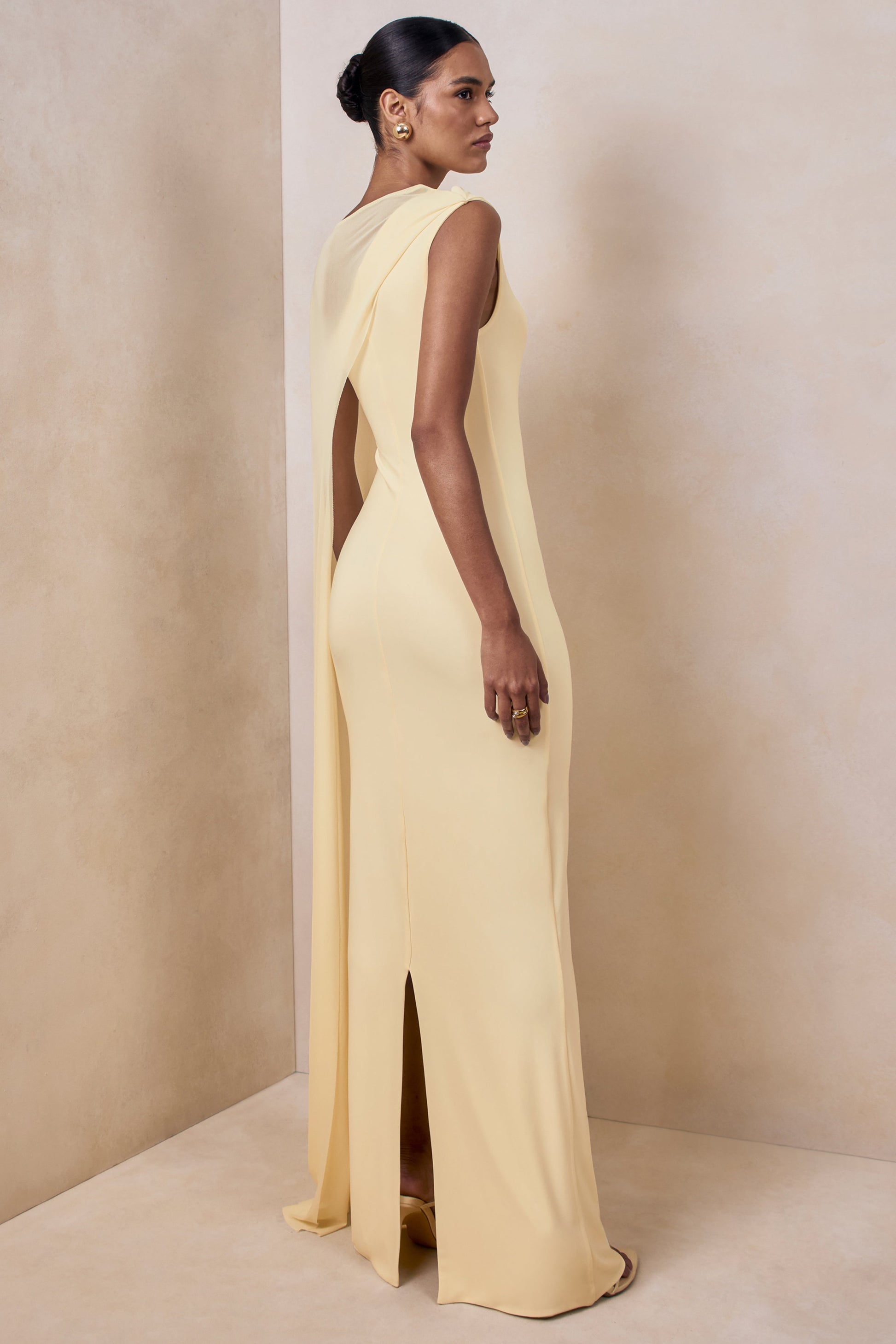 Mirelle | Lemon Boat-Neck Maxi Dress With Cape-Sleeve