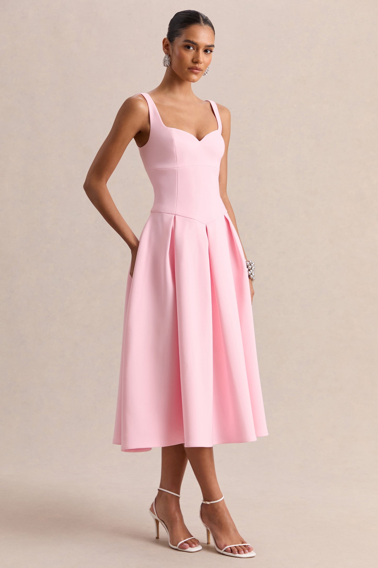 Greta | Light Pink Sweetheart-Neck Midi Dress