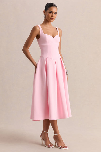 Greta | Light Pink Sweetheart-Neck Midi Dress