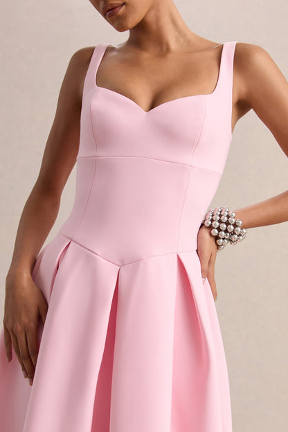 Greta | Light Pink Sweetheart-Neck Midi Dress