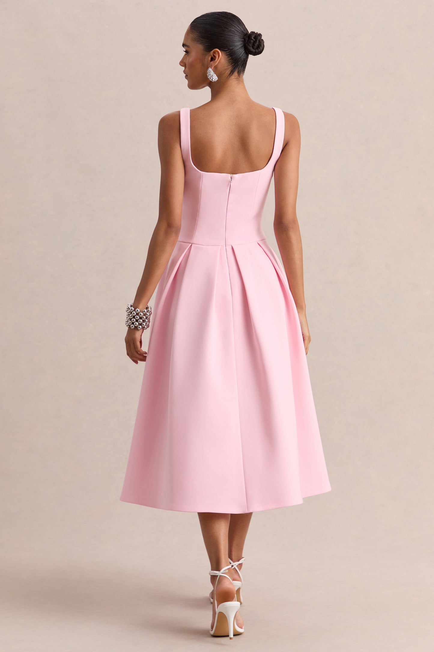 Greta | Light Pink Sweetheart-Neck Midi Dress