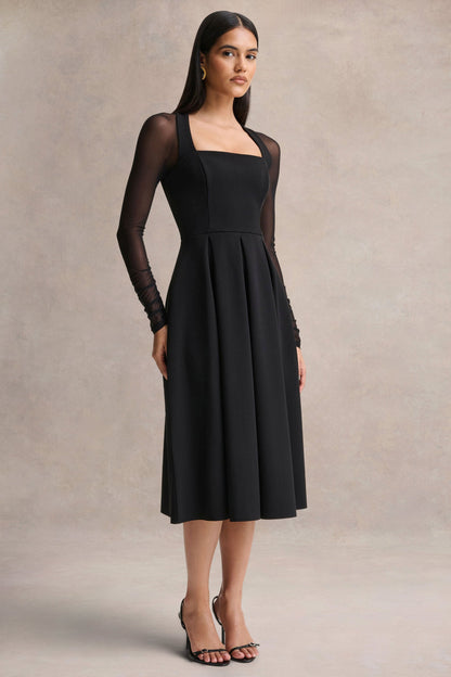 Melinda | Black Square-Neck Midi Dress With Mesh Detailing