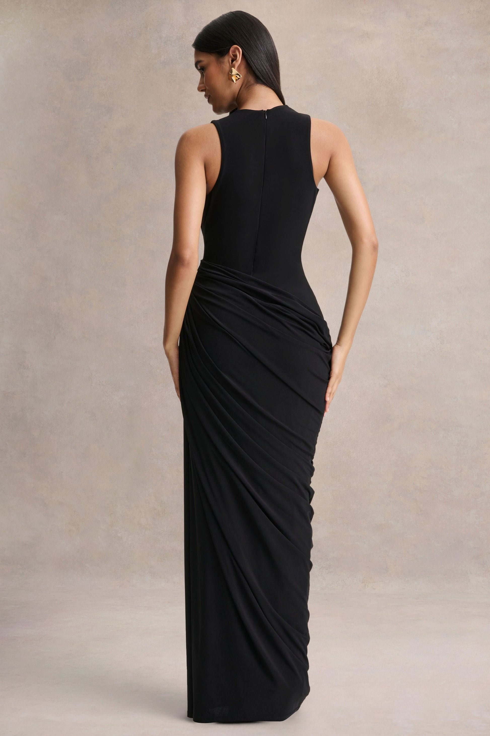 Desiree | Black Plunge-Neck Maxi Dress With Draped Detailing