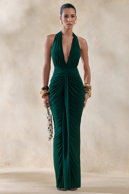 Lesley | Bottle Green Plunge-Neck Maxi Dress