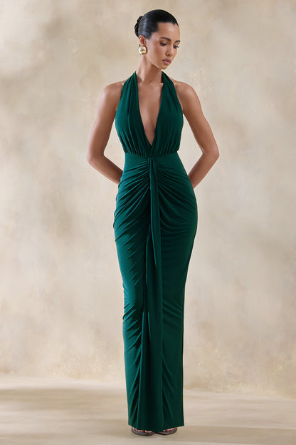 Lesley | Bottle Green Plunge-Neck Maxi Dress