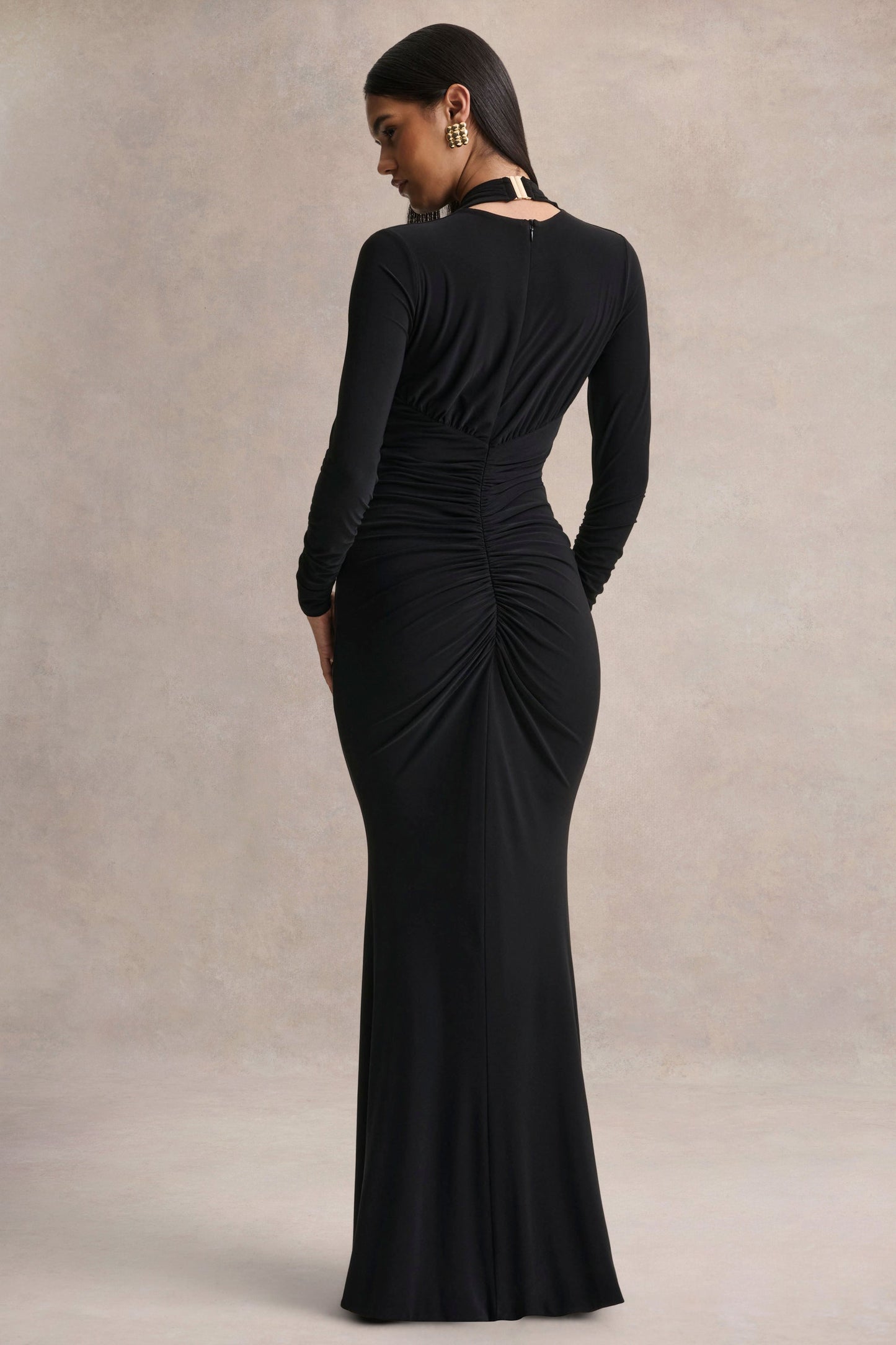 Tami | Black Plunge-Neck Long Sleeve Maxi Dress