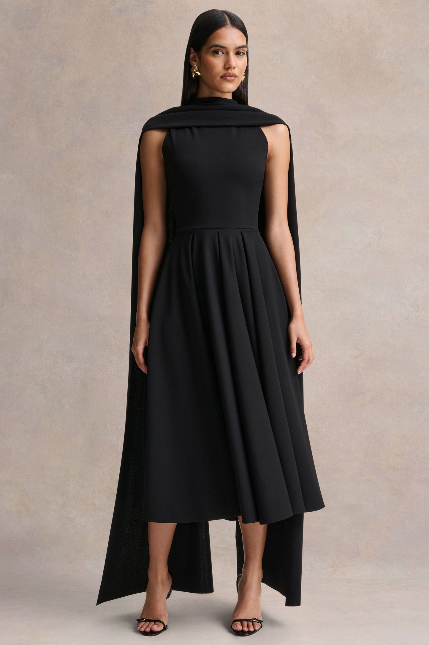 Nova | Black High-Neck Midi Dress With Cape-Sleeves