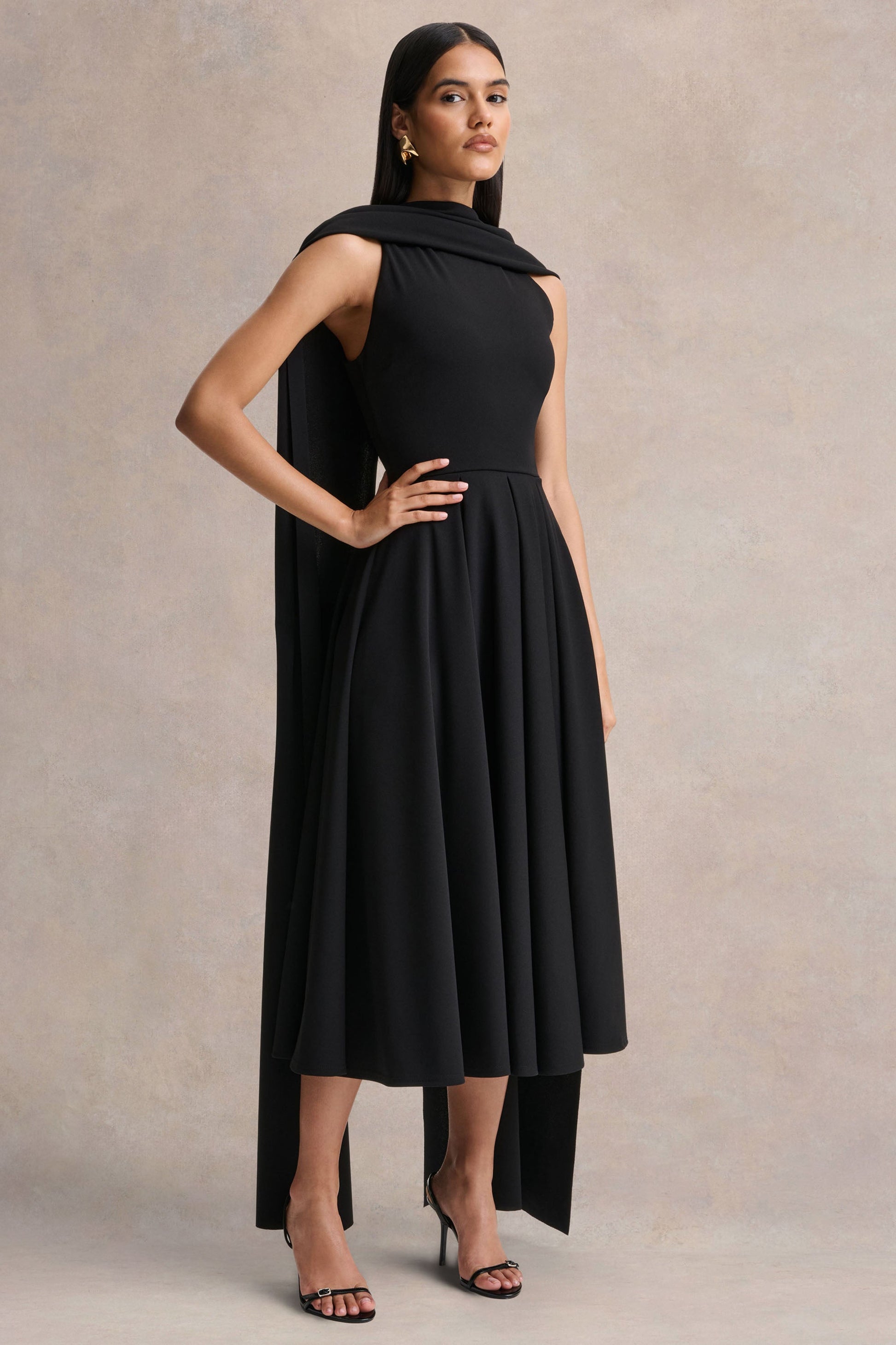 Nova | Black High-Neck Midi Dress With Cape-Sleeves