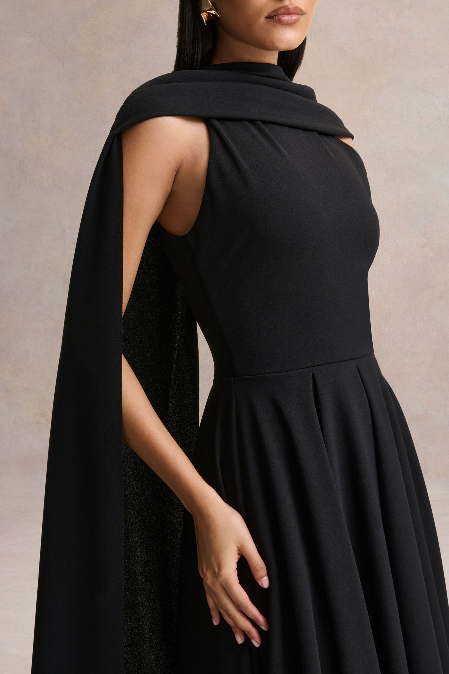 Nova | Black High-Neck Midi Dress With Cape-Sleeves