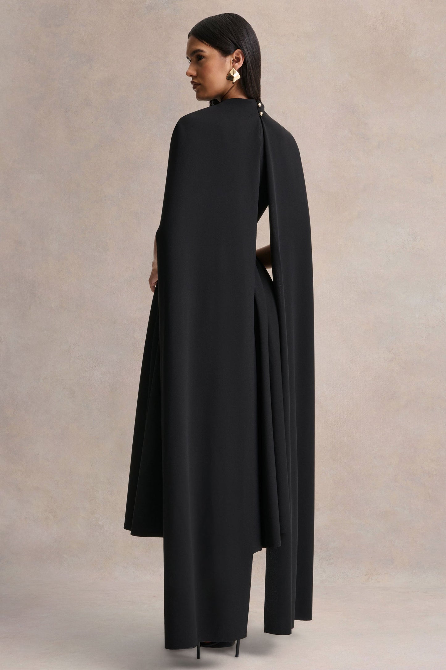 Nova | Black High-Neck Midi Dress With Cape-Sleeves