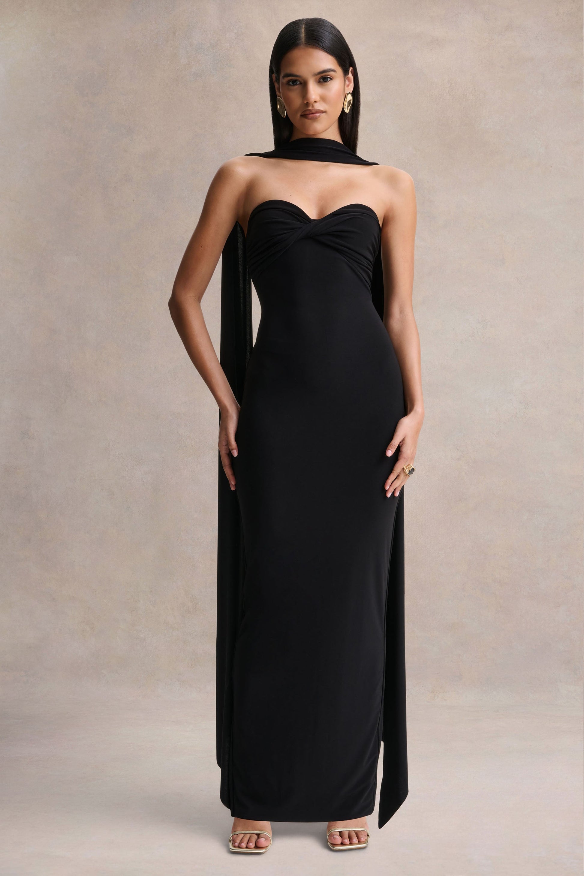 Sheila | Black Bandeau Maxi Dress With Scarf Detail
