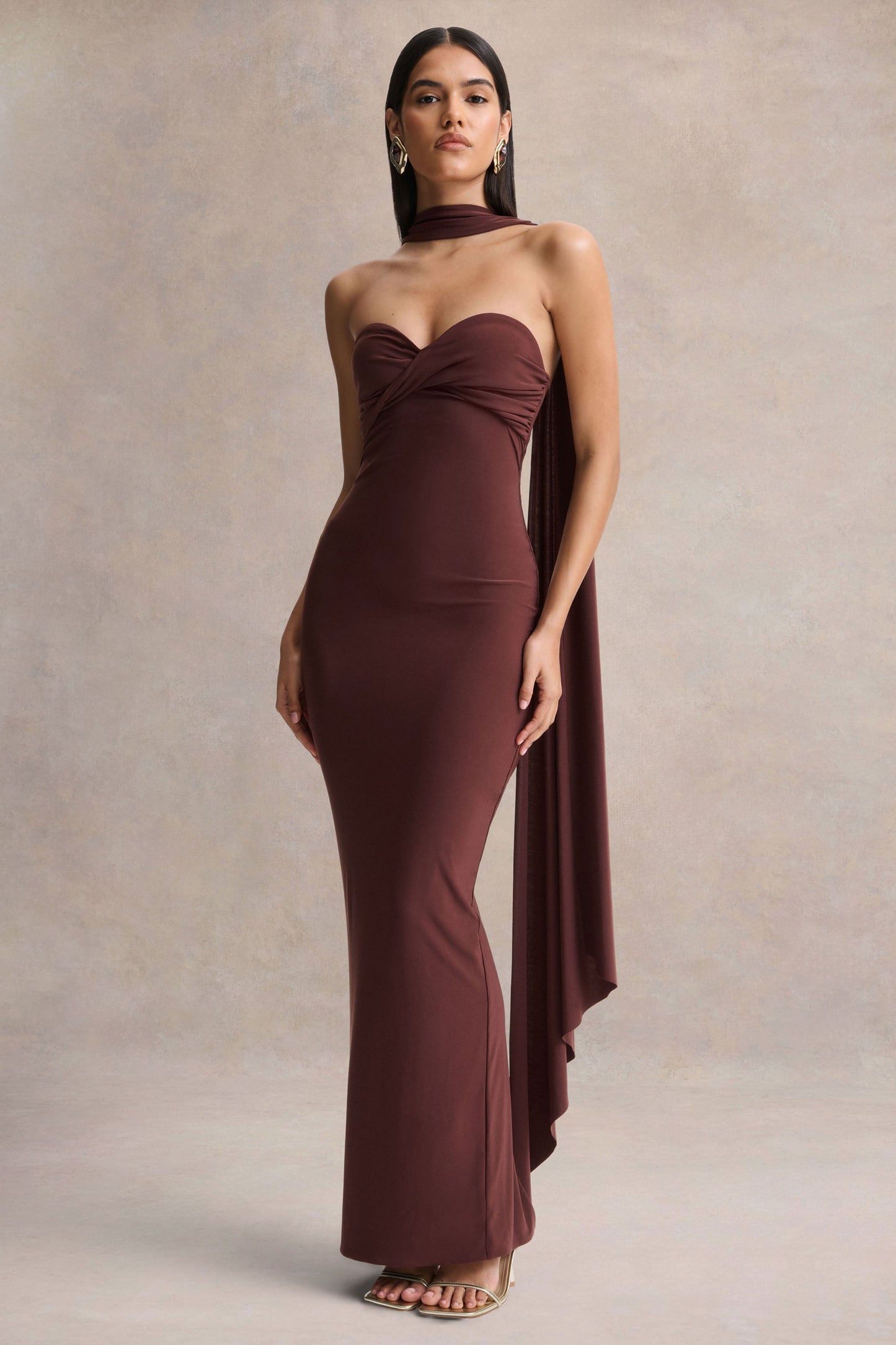 Sheila | Dark Brown Bandeau Maxi Dress With Scarf Detail