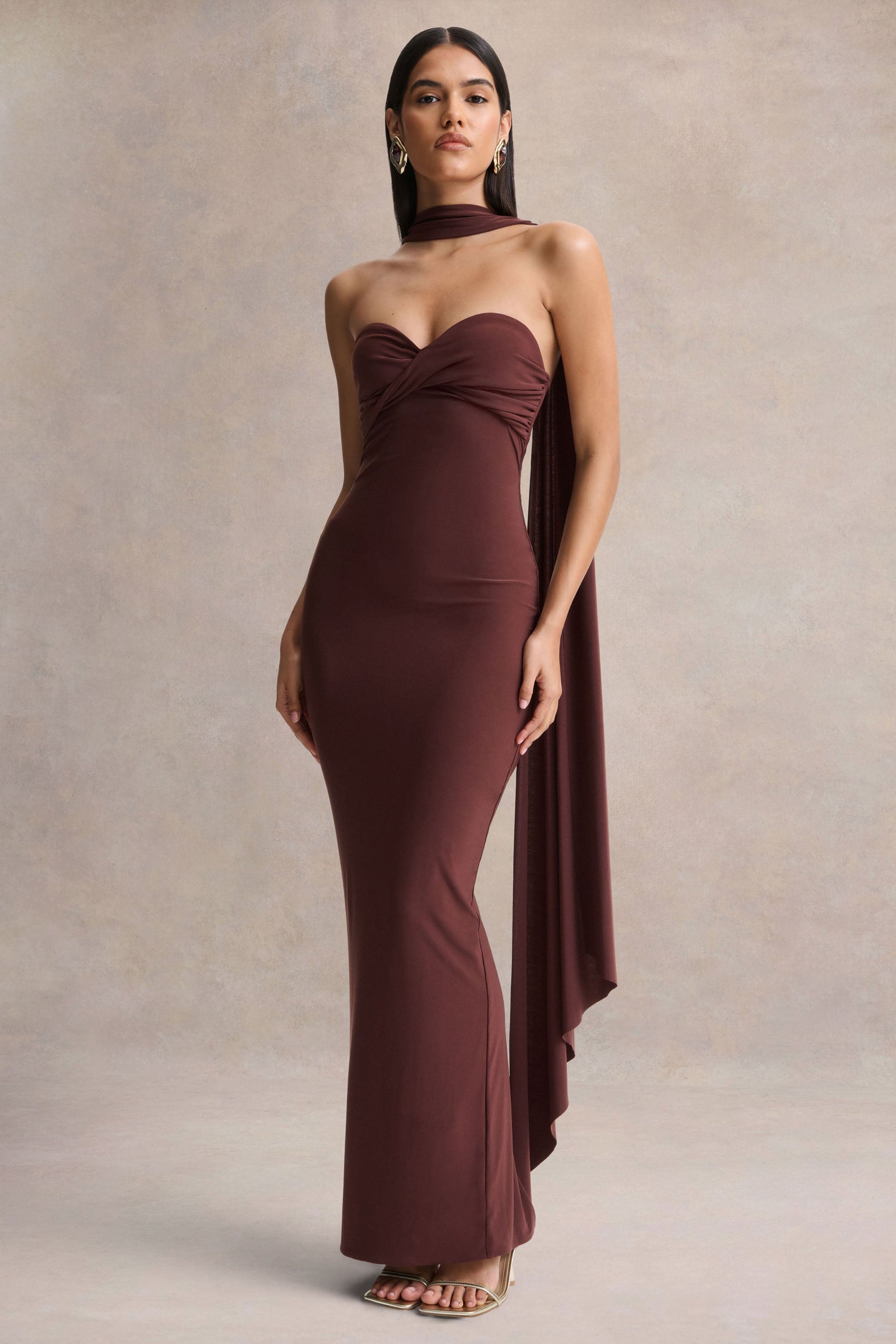 Sheila | Dark Brown Bandeau Maxi Dress With Scarf Detail