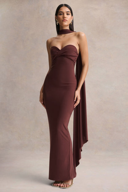 Sheila | Dark Brown Bandeau Maxi Dress With Scarf Detail