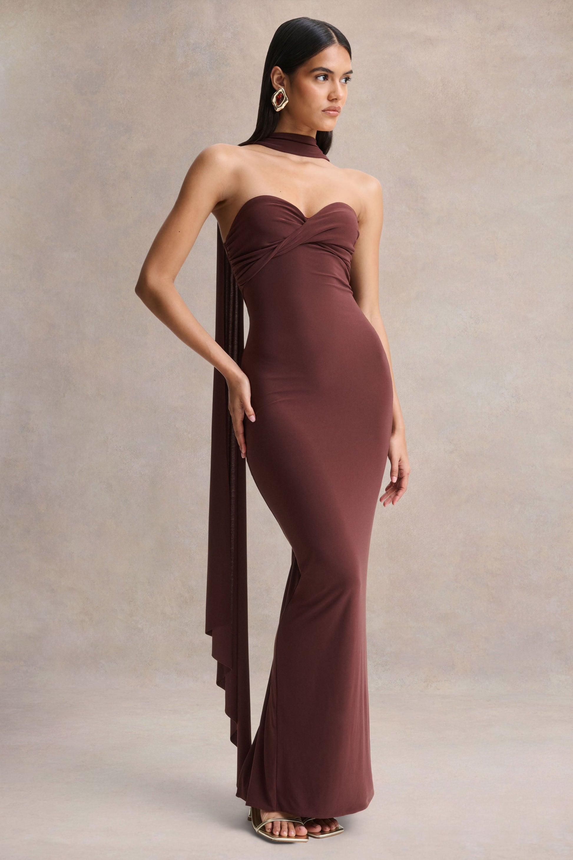 Sheila | Dark Brown Bandeau Maxi Dress With Scarf Detail
