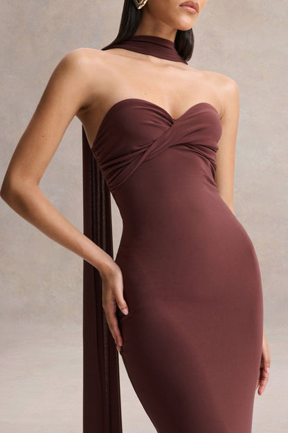 Sheila | Dark Brown Bandeau Maxi Dress With Scarf Detail