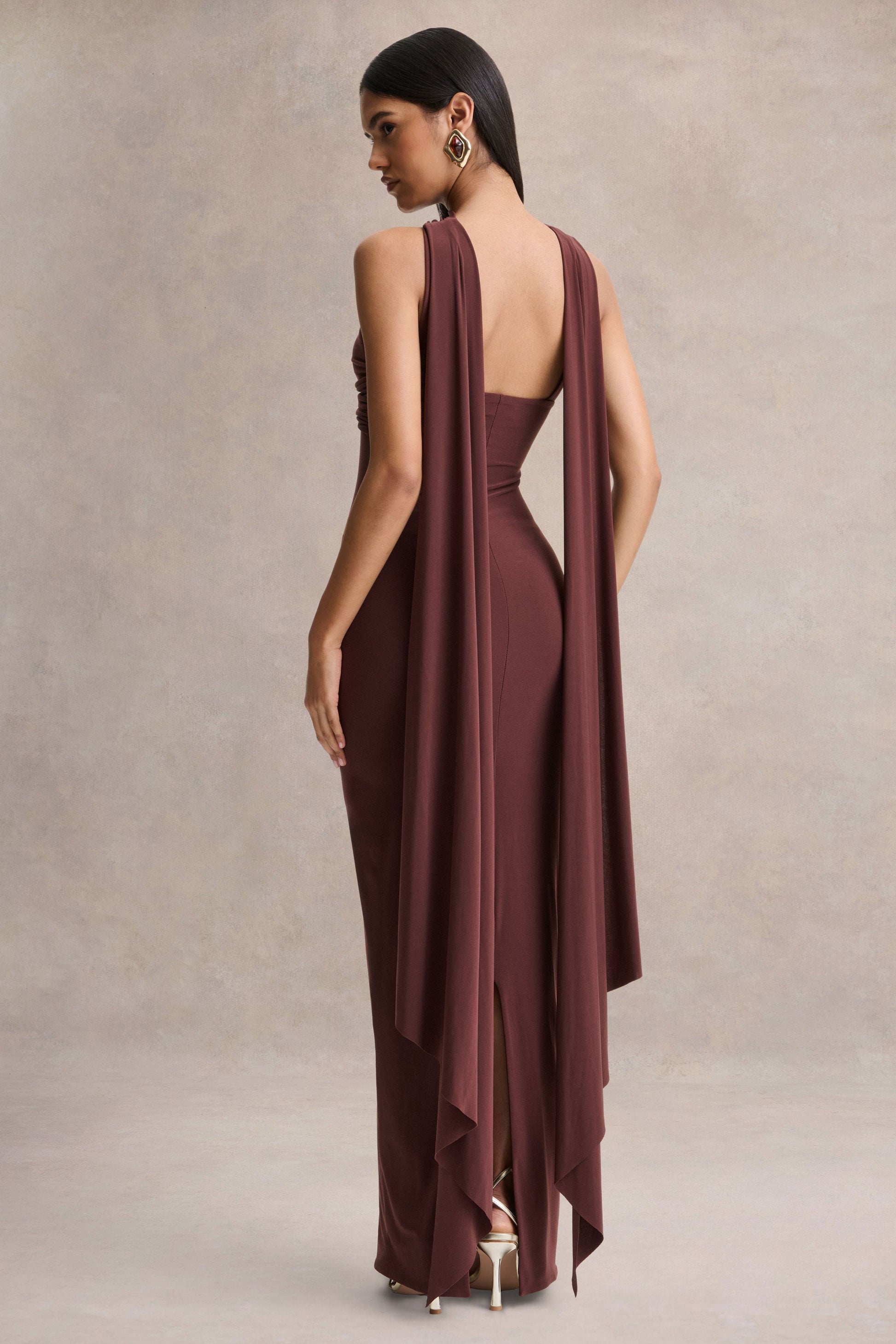 Sheila | Dark Brown Bandeau Maxi Dress With Scarf Detail