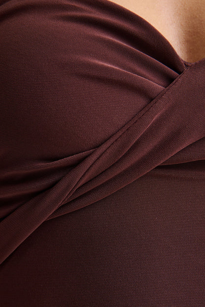 Sheila | Dark Brown Bandeau Maxi Dress With Scarf Detail