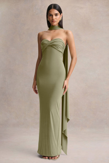 Sheila | Olive Bandeau Maxi Dress With Scarf Detail