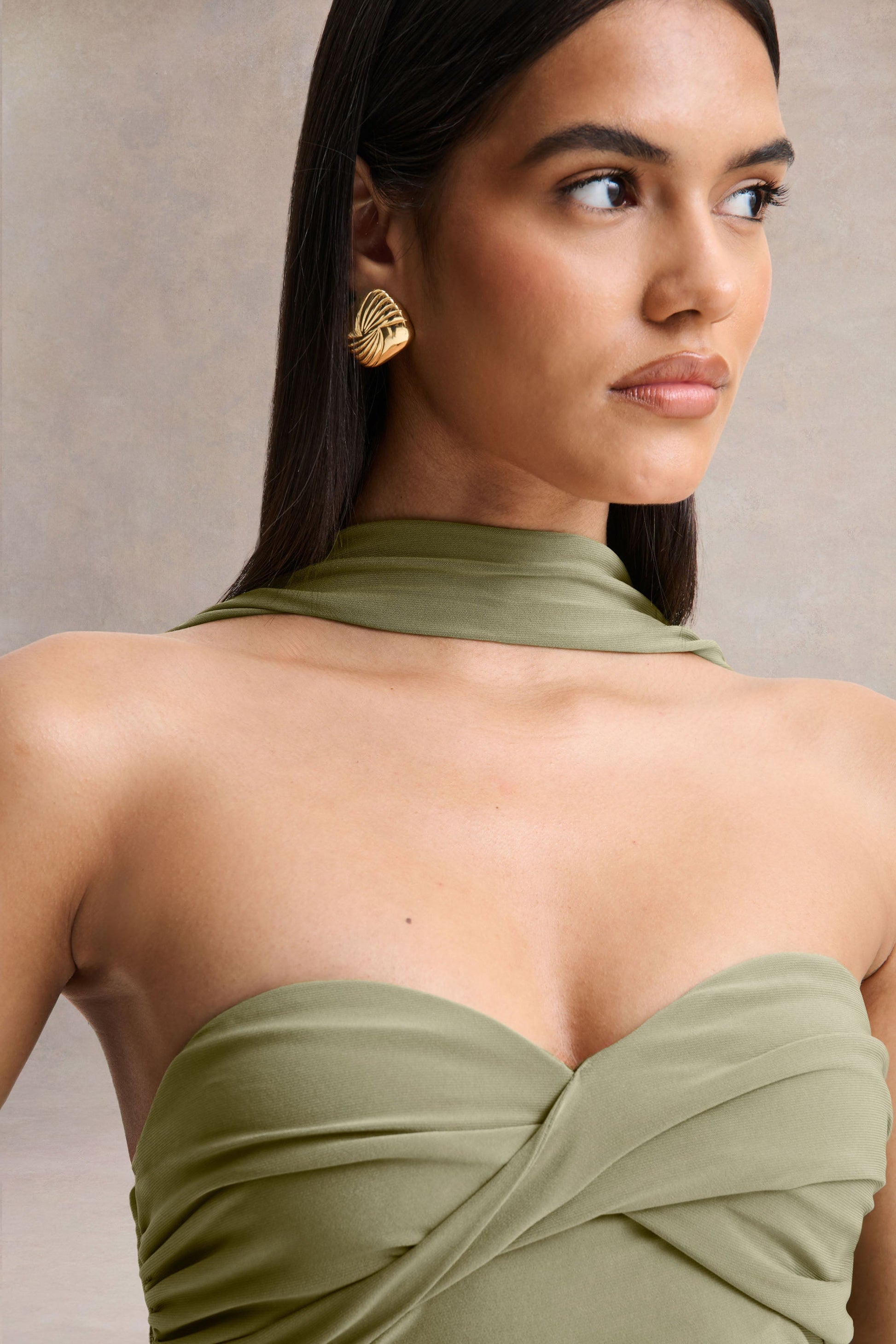 Sheila | Olive Bandeau Maxi Dress With Scarf Detail