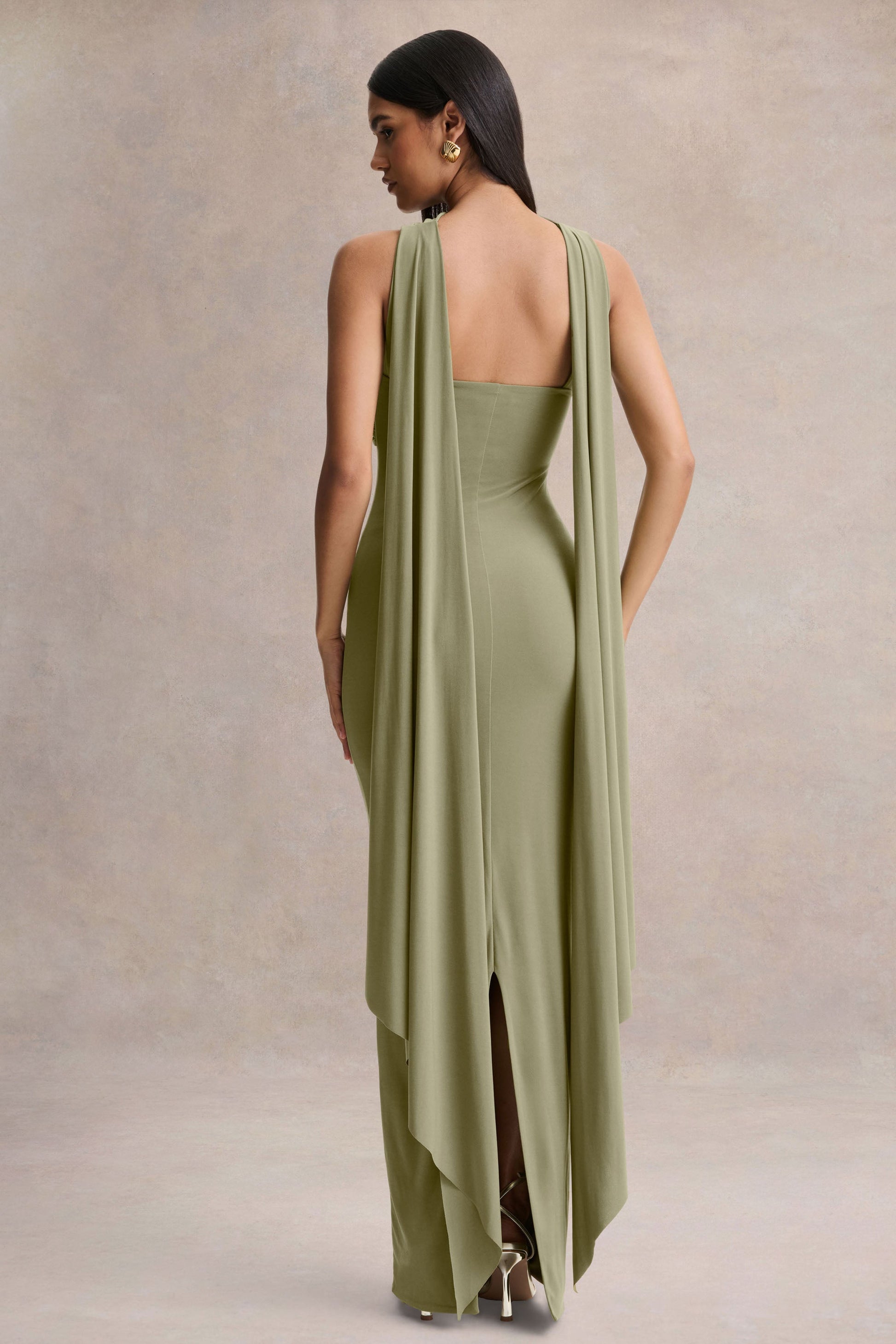 Sheila | Olive Bandeau Maxi Dress With Scarf Detail