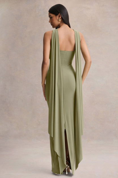 Sheila | Olive Bandeau Maxi Dress With Scarf Detail