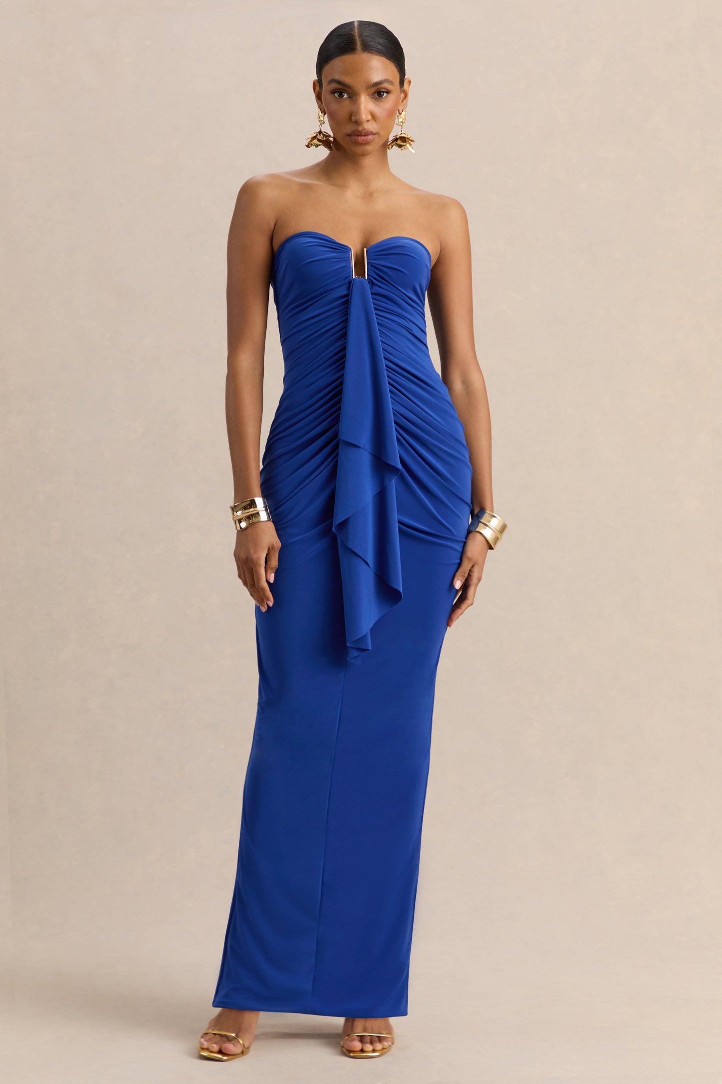 Chloe | Blue Bandeau Maxi Dress With Ruffled Detailing