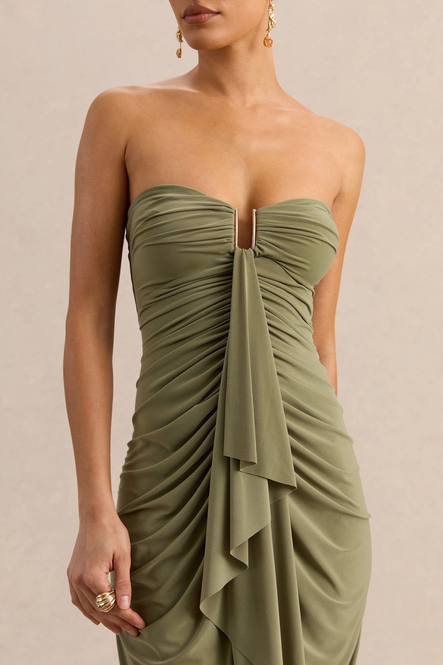 Chloe | Olive Bandeau Maxi Dress With Ruffled Detailing