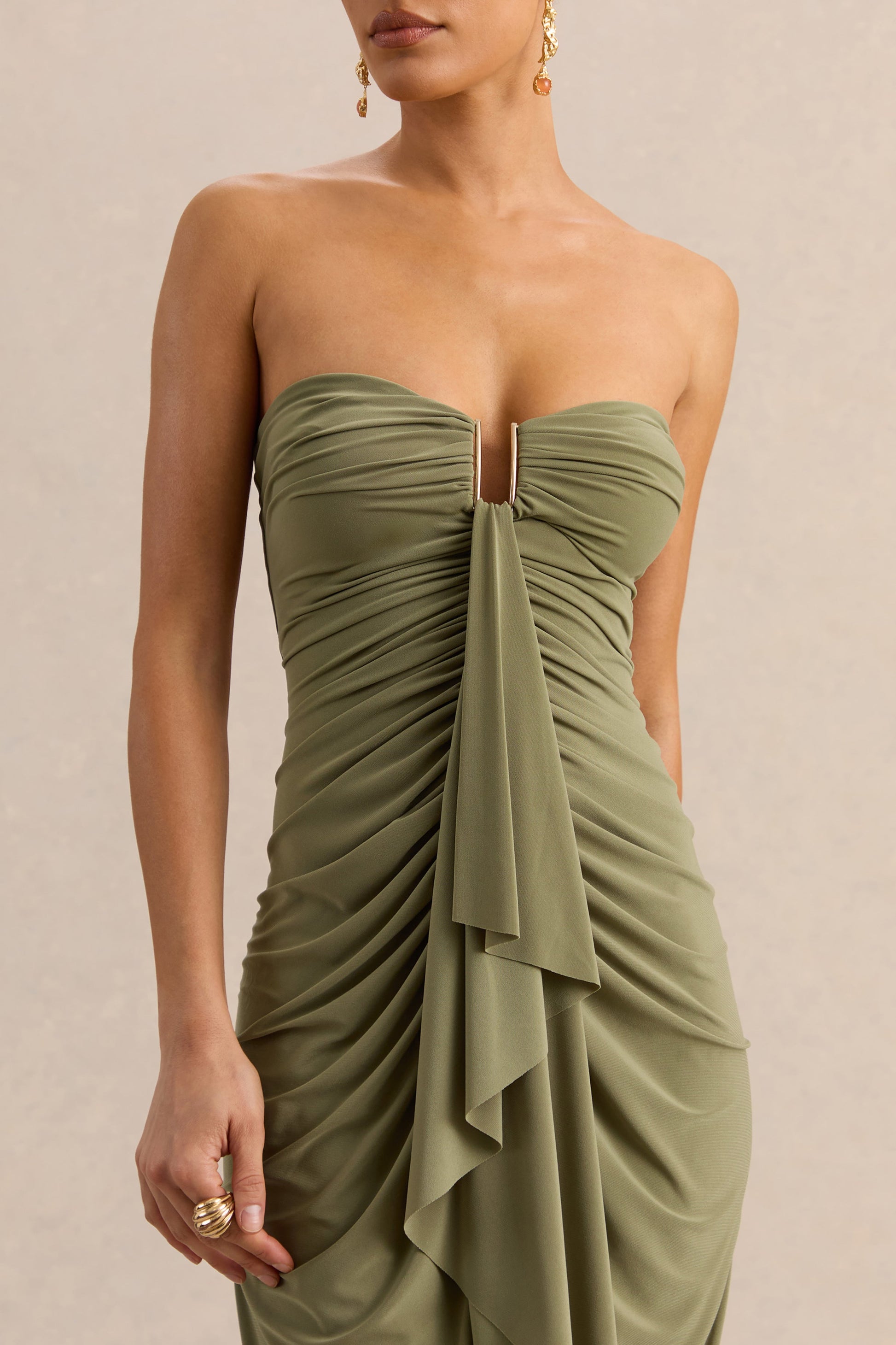 Chloe | Olive Bandeau Maxi Dress With Ruffled Detailing
