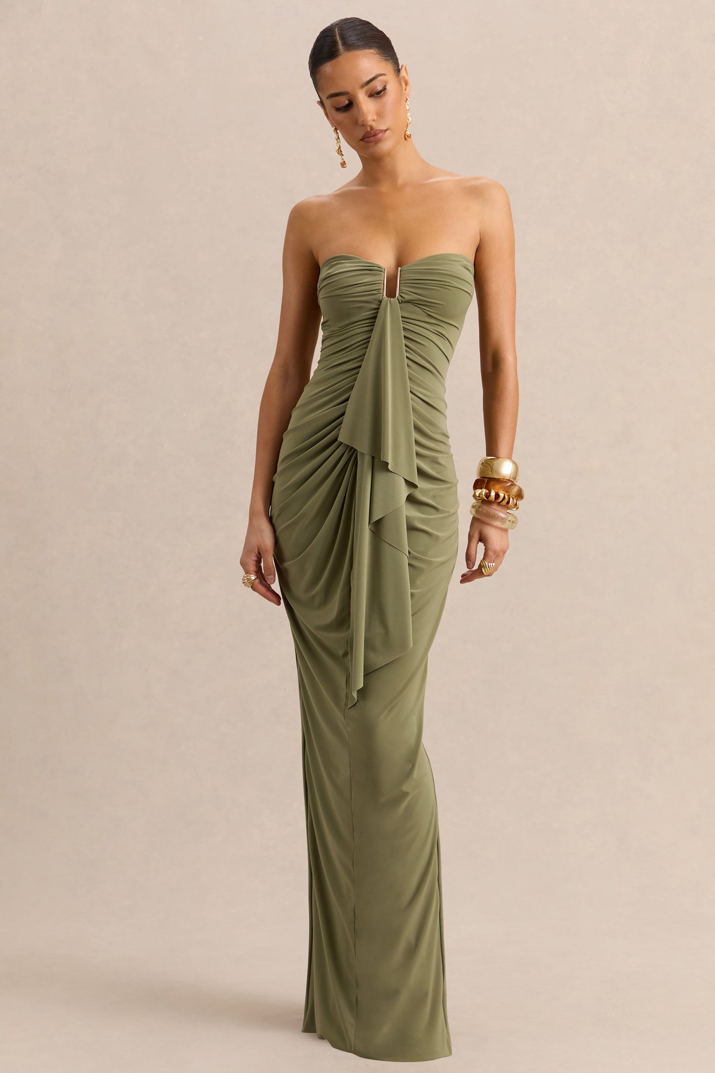 Chloe | Olive Bandeau Maxi Dress With Ruffled Detailing
