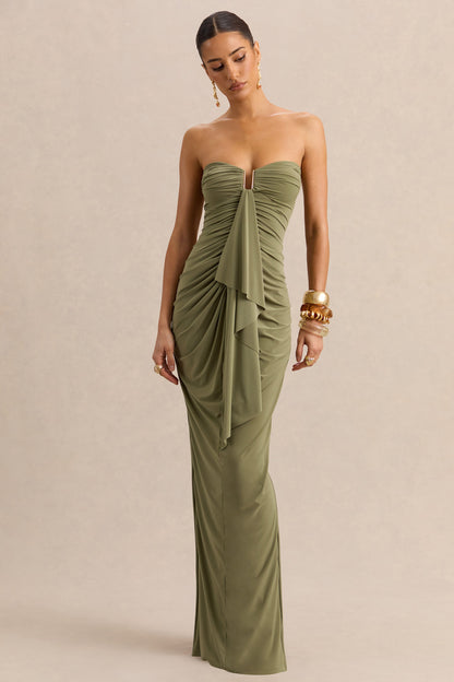 Chloe | Olive Bandeau Maxi Dress With Ruffled Detailing