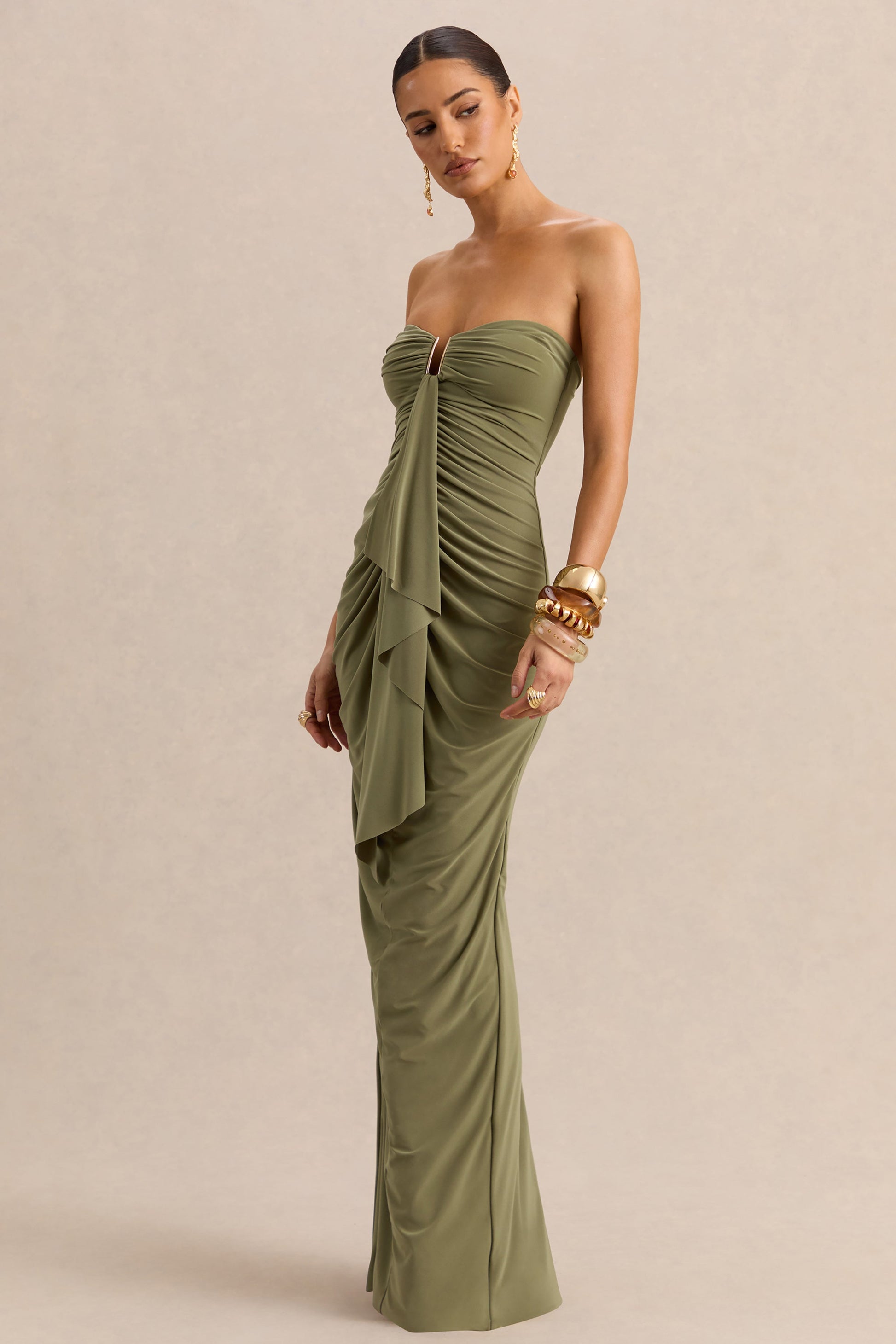 Chloe | Olive Bandeau Maxi Dress With Ruffled Detailing